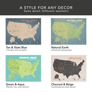 May include: Four map prints of the United States, each with a different color scheme. The top left map is tan and slate blue, the top right is natural earth tones, the bottom left is green and aqua, and the bottom right is charcoal and beige. Text at the top reads "A STYLE FOR ANY DECOR".
