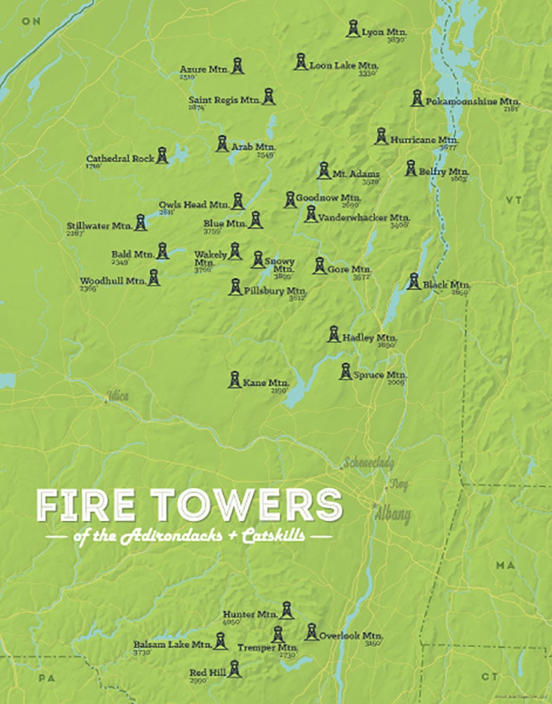 Adk Firetower Challenge Map Adirondack Fire Tower Challenge Map 11X14 Print | Etsy Uk