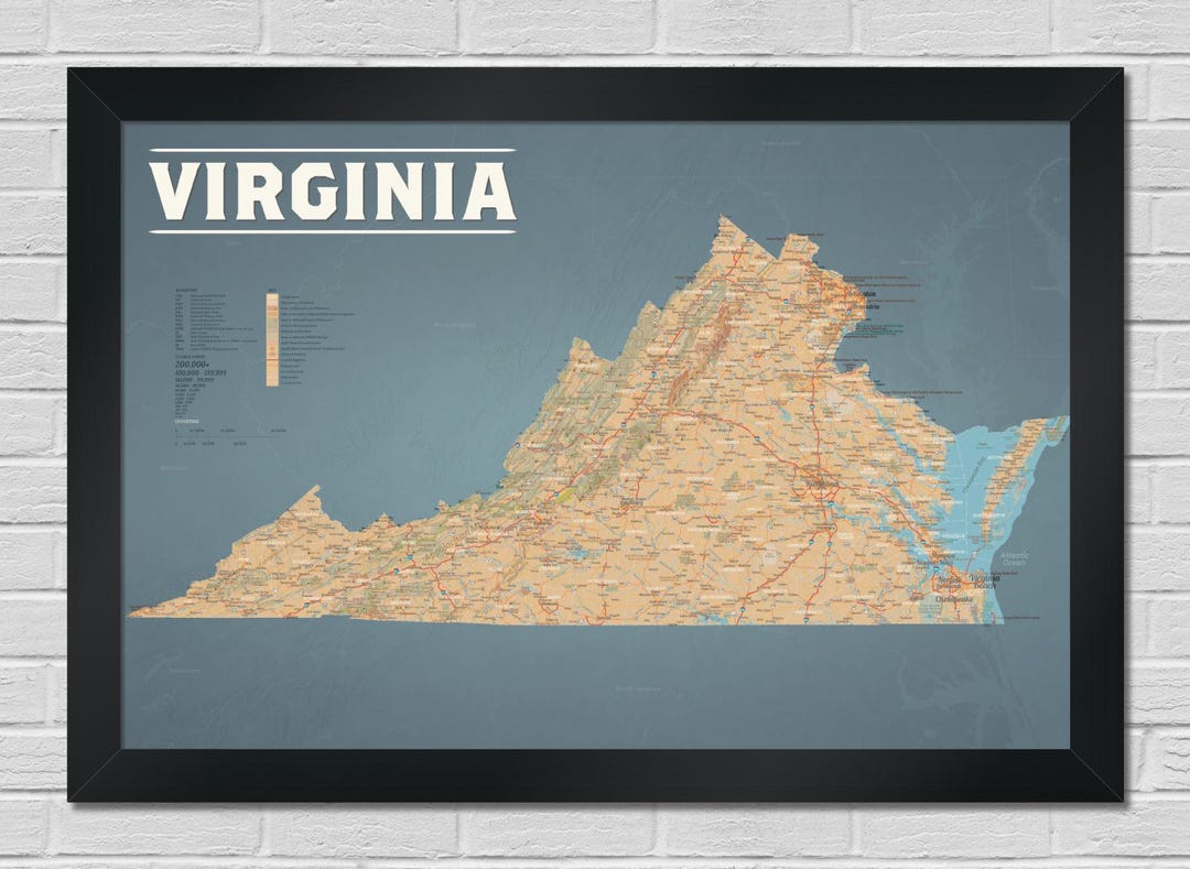 Virginia State Wall Map Poster, Detailed Virginia State Map