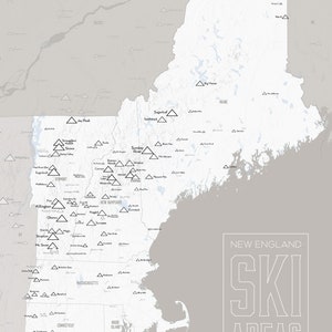 New England Ski Resorts Map 18x24 Poster White & Gray