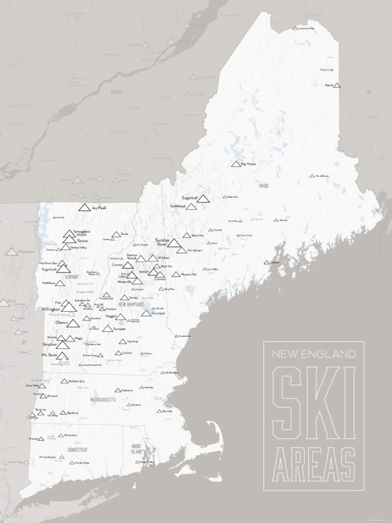 New England Ski Resorts Map 18x24 Poster White & Gray