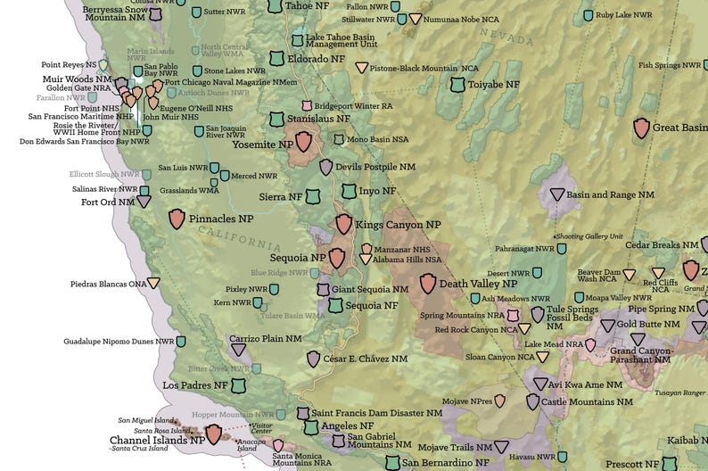 May include: A detailed map of the western United States, highlighting national parks, forests, and other protected areas. The map uses a variety of colors and symbols to represent different locations and designations.