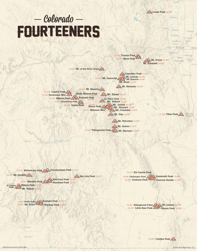 58 Colorado 14ers Map 11x14 Print Etsy