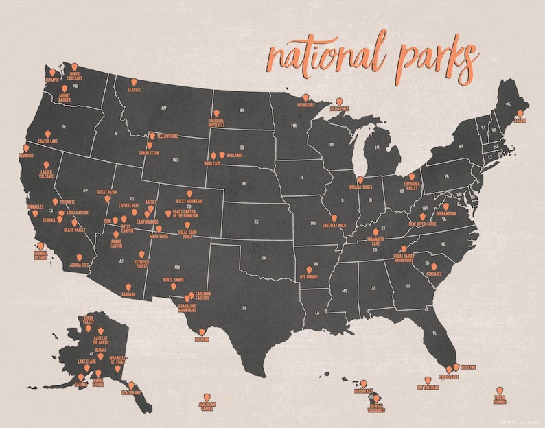 May include: A map of the United States with the words "national parks" in orange script. The map is dark grey with orange location markers indicating national park locations across the country.