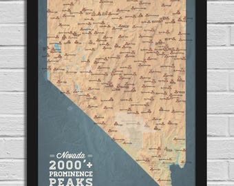 Nevada 2000' Prominence Peaks Map 18x24 Poster