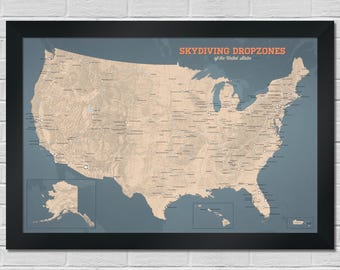 Póster de 24 x 36 con el mapa de zonas de salto de paracaidismo de EE. UU.