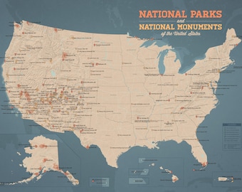 US National Parks & Monuments Karte 18x24 Poster