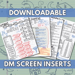 D&D 5e DM-scherm wordt ingevoegd in handgeschreven stijl afdrukbare pdf (brief, 4 pagina&#39;s) Dungeon Master-referentie, gevechten en omstandigheden