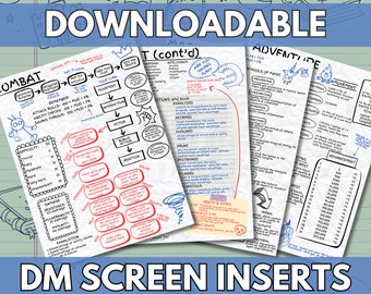 May include: A set of printable Dungeon Master screen inserts for tabletop role-playing games. The inserts feature black and white illustrations and text, including "Combat", "Movement", "Intelligence", "Schools of Magic", "Death & Dying", and "Advancement".