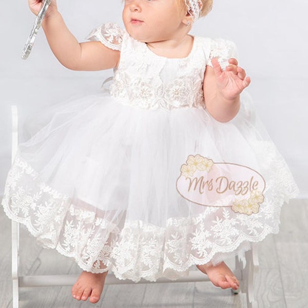 white baby dress, girl baptism dress, baptism cake topper, taufkleid, confirmation dresses, baby tulle dress, christening gown girl