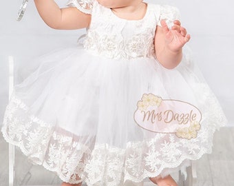 white baby dress, girl baptism dress, baptism cake topper, taufkleid, confirmation dresses, baby tulle dress, christening gown girl