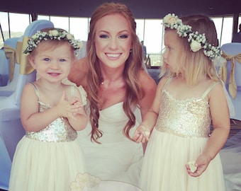 Junior bridesmaid dress, pageant dress, girls gold dress, tulle sequin dress, girls ivory dress, girls maxi dress, ivory flower girl dress