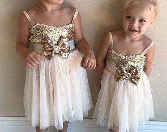 Gold flower girl dress, Gold sequin flower girl dress,Ivory flower girl dress,Ivory Gold Dress,Gold Sequin Dress,Rustic Dress,Birthday Dress