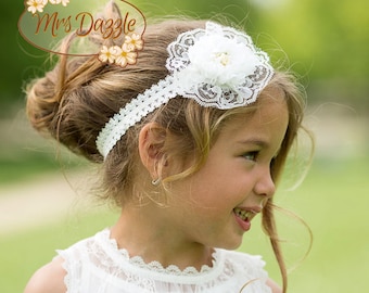 Baptism Headband, Christening Headband, Off white headband, Floral headband, White headband, Communion Headband, Flower girl headband