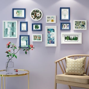 13 pieces/set solid wood picture frame set white blue european frame wall hanging photo frame with round frame combination