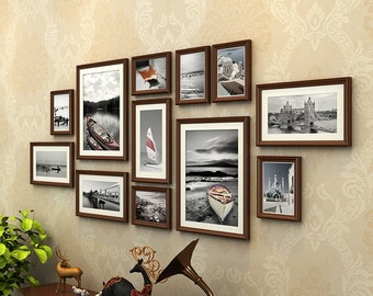 12 Vintage Botanical Gallery Wall Art Set, Pink Wood Brown Photo Frame Collage, Mix Size Wall Hanging Frame Set for Living Room