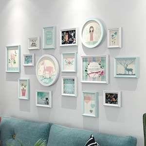 16 pieces/set solid wood picture photo frame set white cyan wall picture frame wall gallery frames set Living Room frame decoration
