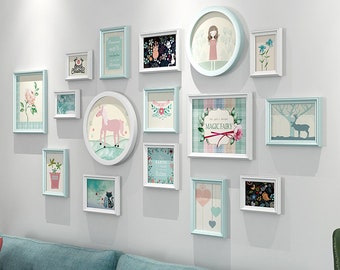 16pieces pine wood photo frame set white cyan picture frames wall gallery frames decoration