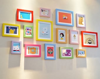15 pieces solid wood picture frame set Colorful photo frames combination girl room decoration
