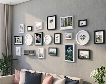 Living Room Nordic Gallery Wall Frame Set , 19-Pieces Multi Size Mixed Shape Frames + One Small Display Shelf for Family Photo & Wall Art