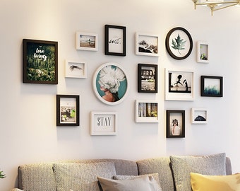 16 pieces/set solid wood picture photo frame set black white european wall hanging picture frame combination home decor