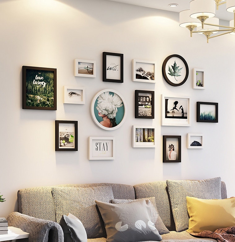16 pieces/set solid wood picture photo frame set black white european wall hanging picture frame combination home decor