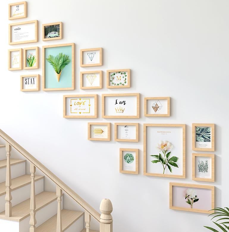 20 pieces/set wood picture photo frame set white black brown color wood frames wall gallery frames set staircase wall decoration
