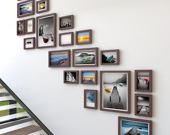 20 pieces/set wood picture photo frame set white brown color wood frames wall gallery frames set staircase wall decoration