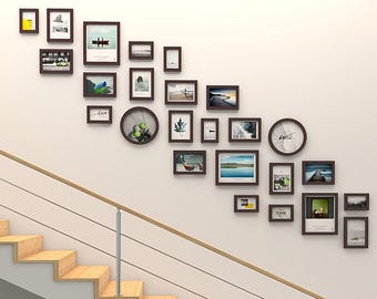 Ensemble de 25 cadres photo en bois de pin cadres marron noir cadres de galerie murale décoration d'escalier