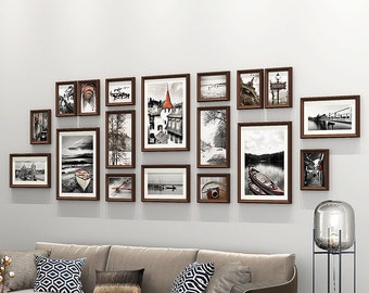 Juego de 18 marcos de fotos de madera maciza vintage marrón para colgar en la pared, combinación de marcos de fotos
