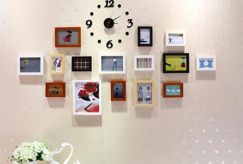 15 Pieces Solid Wood Picture Photo Frame Set Wall Clock Mixed Image 0