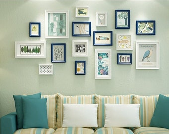 17 pieces/set wood picture photo frame set white blue mixed wall hanging picture frame combination european style photo frame home decor