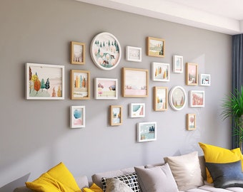 Juego de 20 marcos de fotos de madera maciza, color blanco y natural, para colgar en la pared, decoración del hogar