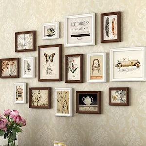 15 pieces/set solid wood photo frame set retro white brown wall hanging picture frame combination living room wall decoration