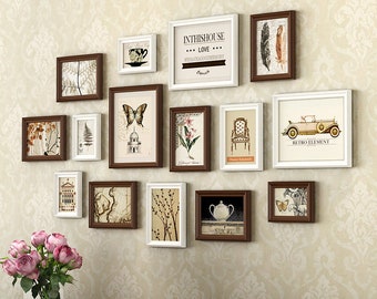 15 pieces/set solid wood photo frame set retro white brown wall hanging picture frame combination living room wall decoration