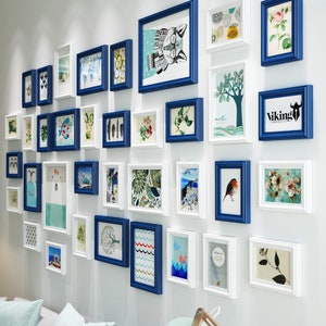 36 pieces/set solid wood picture frame set white blue wall hanging photo frame combination living room wall decoration