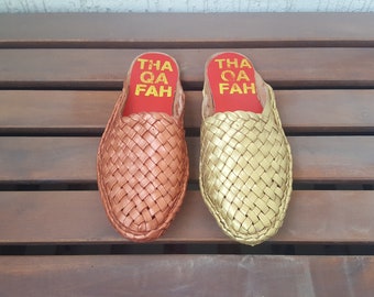 Gold leather mules, Handmade woven mules, Criss cross shoes- Thaqafah