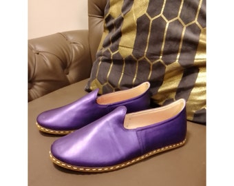 Handmade slip on shoes, Purple Metallic shoes