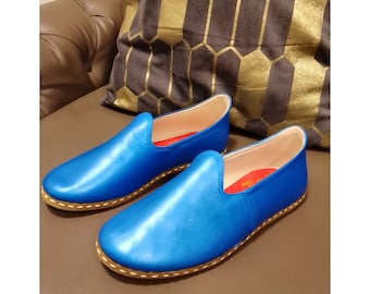 Handmade slip on shoes, Blue Metallic shoes
