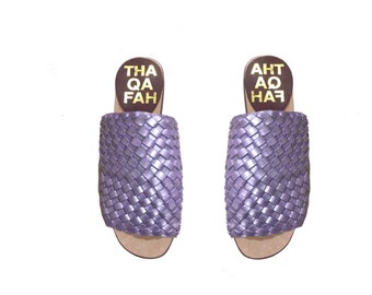 Purple Leather slides, leather slides, women’s woven sandals -Thaqafah