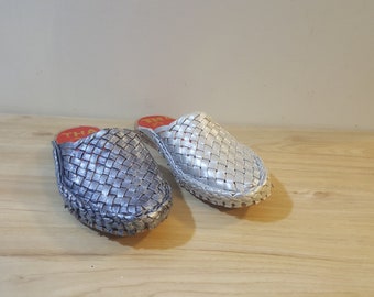 Silver leather mules, Handmade woven mules, Criss cross shoes- Thaqafah