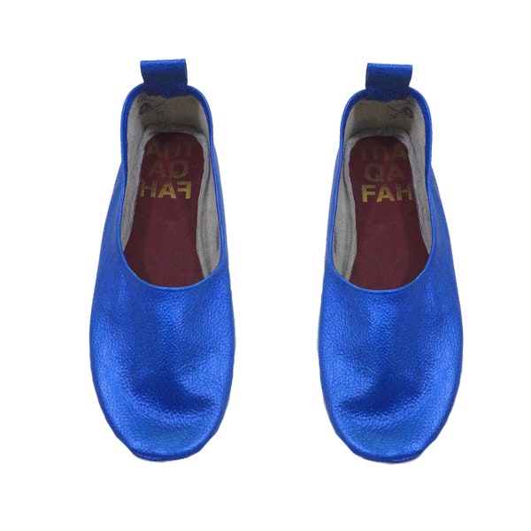 Blue Handmade leather Slip on, Barefoot shoes, Travel Shoes (Blue Metallic)