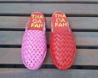 Red leather mules, Handmade woven mules, Criss cross shoes- Thaqafah