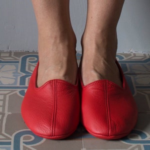 Red Handmade leather flats, ballet barefoot shoes