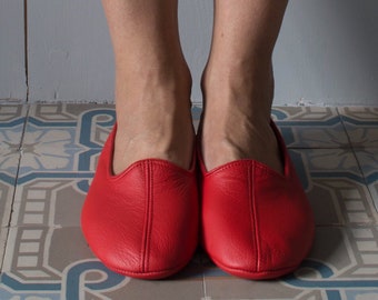 Red Handmade leather flats, ballet barefoot shoes