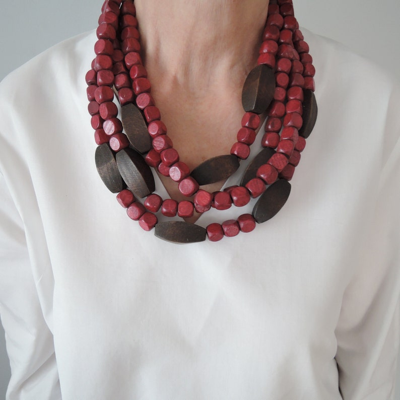 Fuchsia and Brown Handmade Wooden Statement Necklace