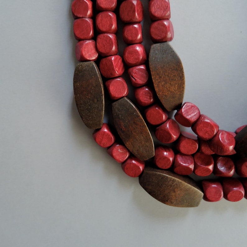 Fuchsia and Brown Handmade Wooden Statement Necklace