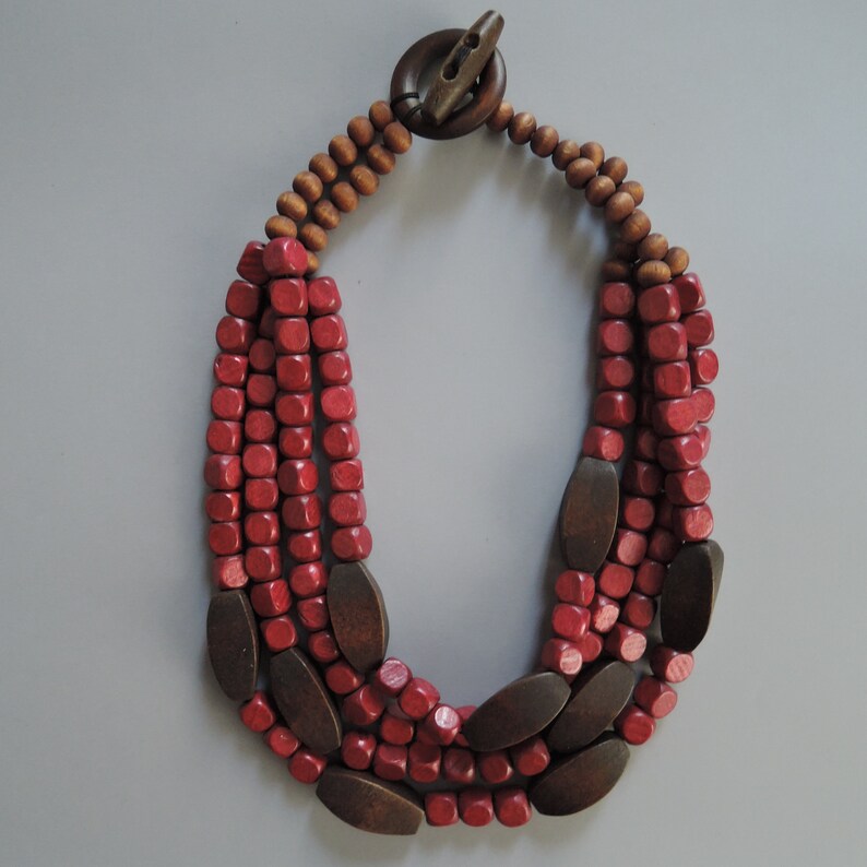 Fuchsia and Brown Handmade Wooden Statement Necklace