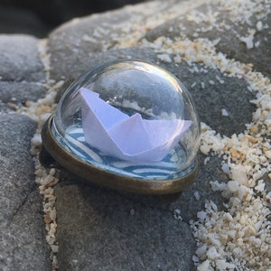 Personalized Origami Boat Brooch Antique Bronze – Glass Dome Japanese Paper – Custom Name Handmade
