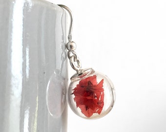 Red earrings with real flowers, silver pendants